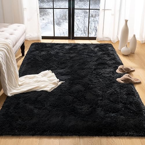 Fosirug Rugs for Bedroom Long Plush 4x6 Feet Area Rug for Living Room Ultra Soft Shaggy Carpet for Home Decor Fluffy Mat Faux Fur Rug for Bedside Nursery Kids Room College Drom, Black