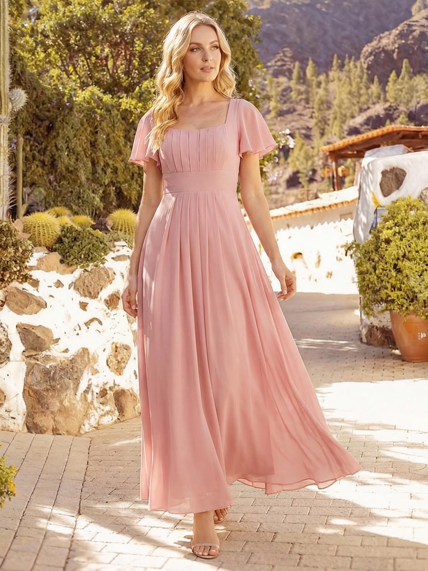 Ever-Pretty Robes de Demoiselle d'honneur Col Carrée Manches Courtes Mousseline Maxi Robe évasée ES02703