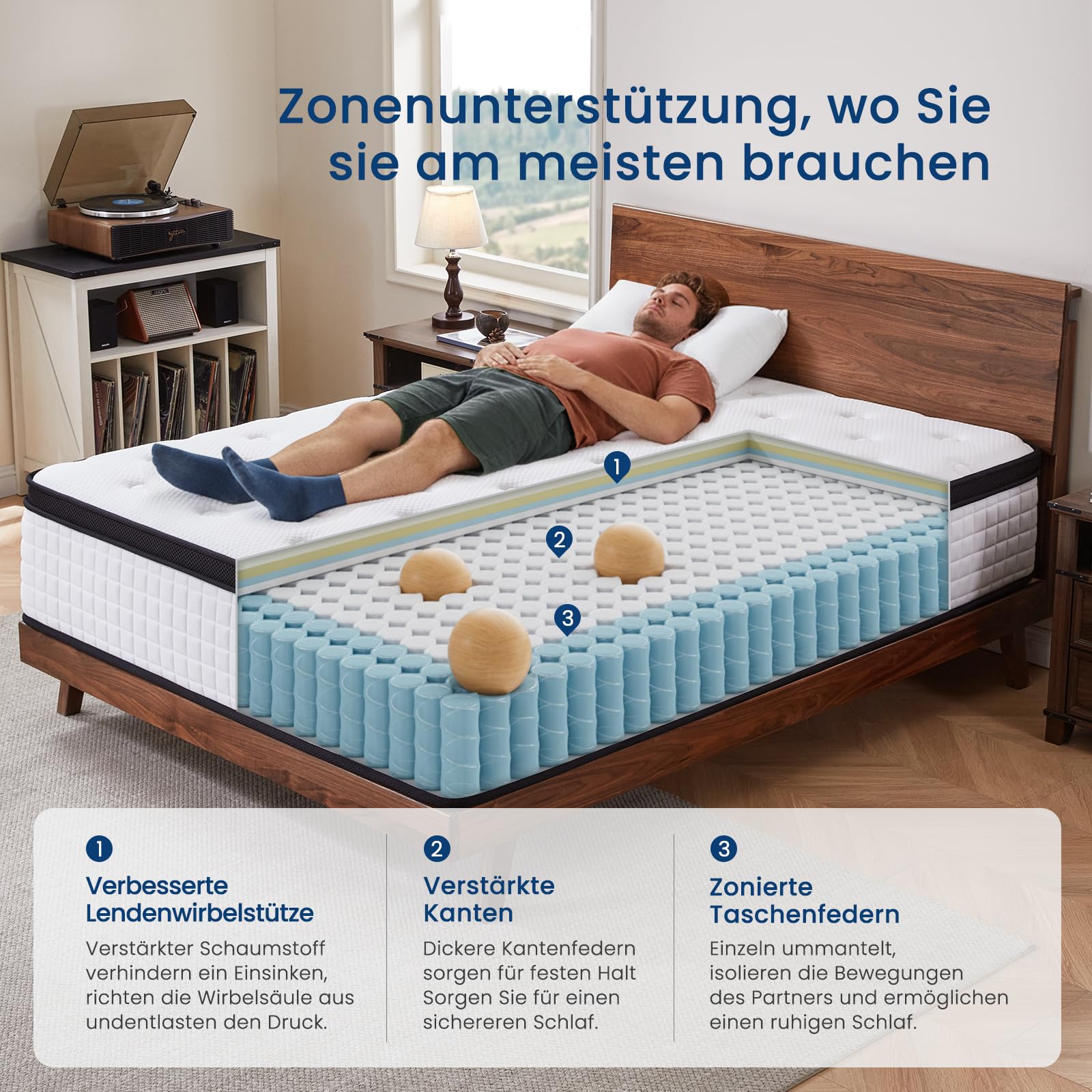 Coolvie – Luxus matratze 180 x 200, Härtegrad H2/H3, Premium-Matratze mit 7-Zonen-Taschenfedern – Höhe 30 cm – Öko-Tex-Zertifiziert, hochwertiger Memory-Schaum für Entlastung, 100 Nächte Probezeit