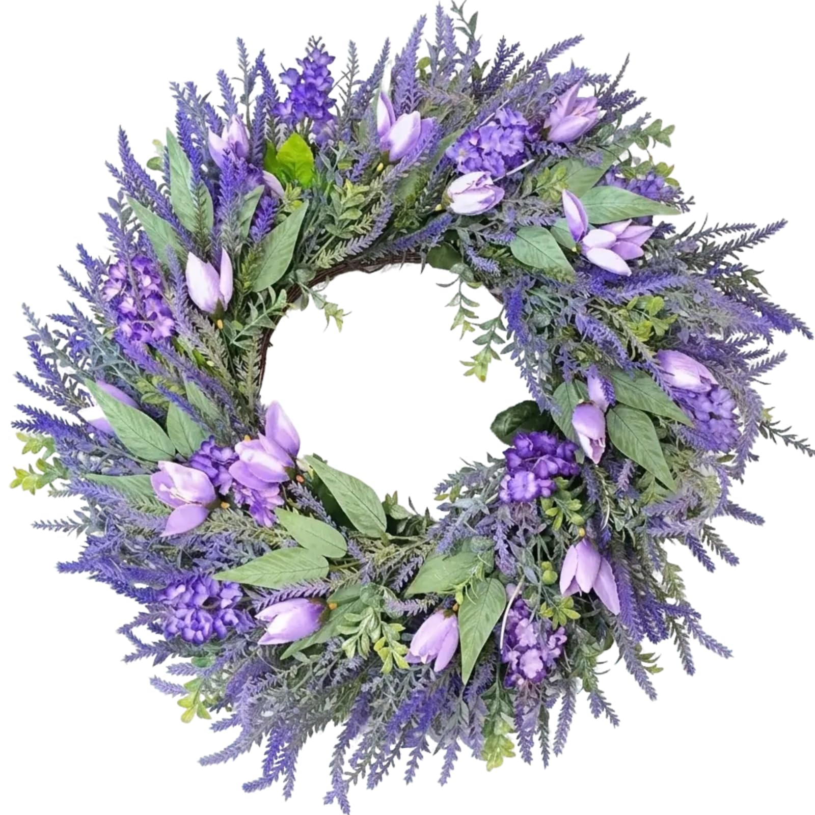 Lavendelkranz Künstlich 66cm für Haustür - Frühlingskranz Türkranz Lila Tulpen & Lavendel - Wandkranz Frühling Sommer Deko für Außen & Innen - Bauernhaus Wanddekoration