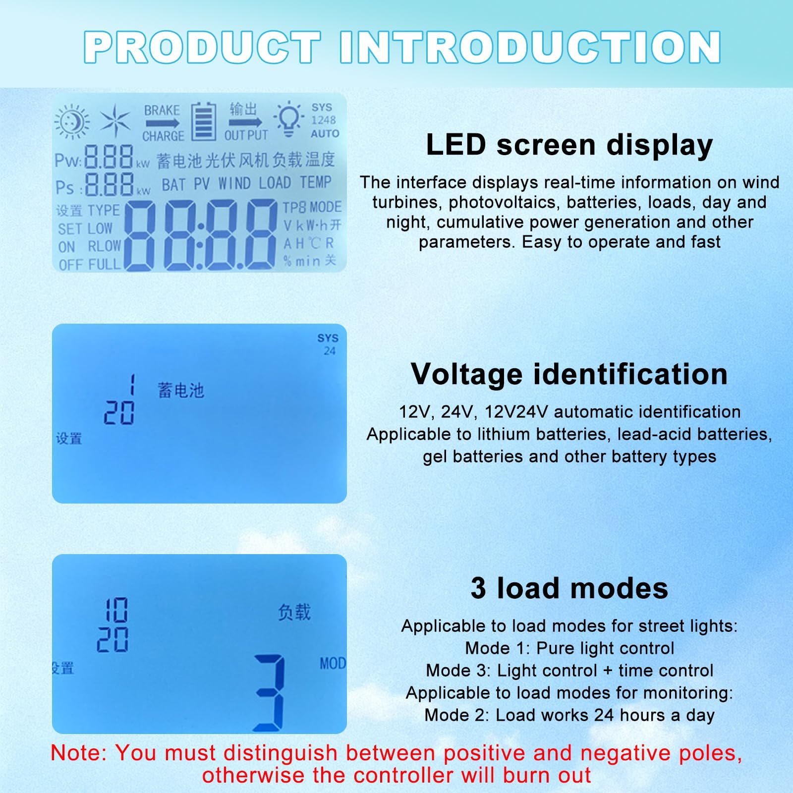 Controller di Carica Ibrido Eolico Solare 12V 24V 48V | Regolatore di Carica MPPT Boost con Display LCD e Carico di Scarico(12V)