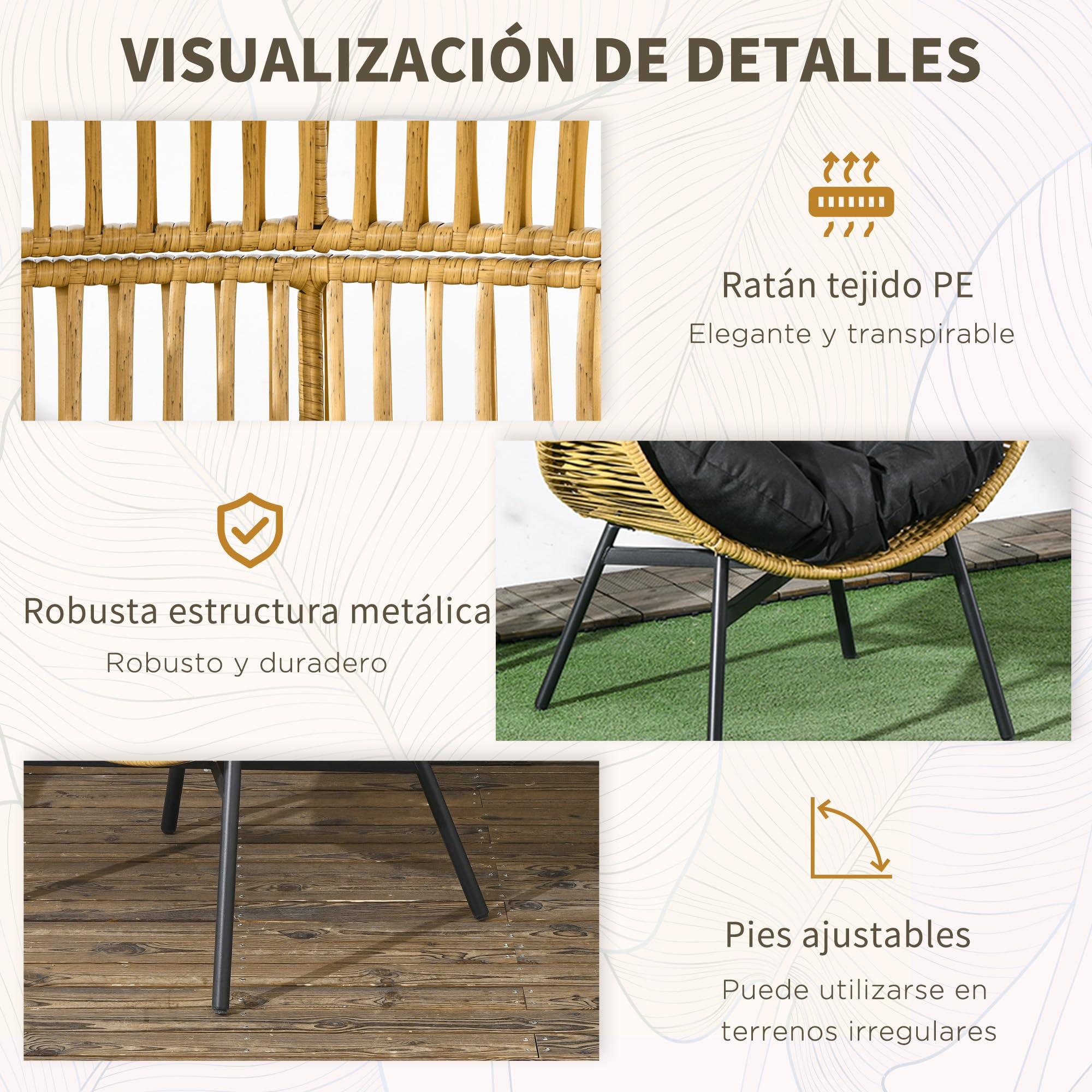 Outsunny Sillón de Ratán Sintético Silla de Terraza en Forma de Huevo con Reposacabezas Acolchado Cojín y Marco de Acero para Jardín Balcón 89x75x143 cm Arena y Negro