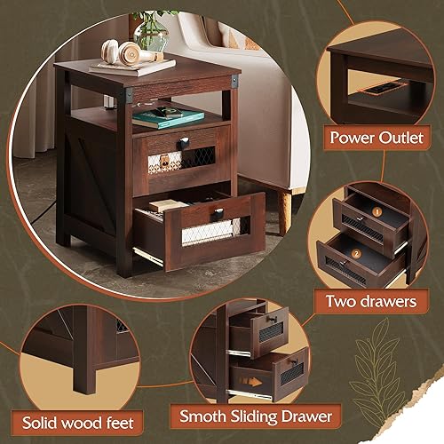 Miniatura 6 de WLIVE Mesita de noche con estación de carga, mesa auxiliar de granja con 2 cajones de almacenamiento y estante abierto, mesitas de noche rústicas de