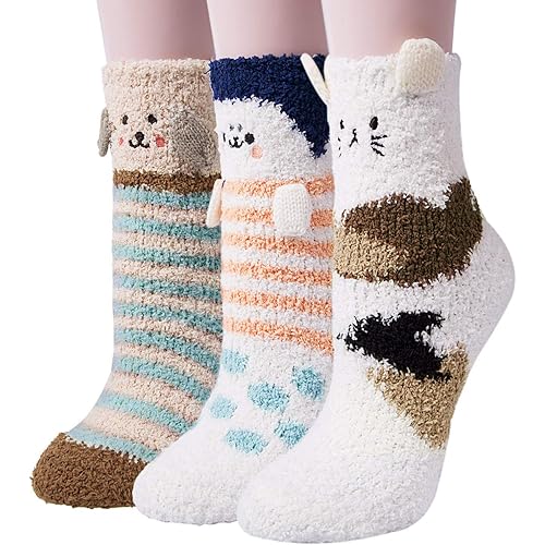 Loritta 3 Pairs Womens Fuzzy Winter Warm Fluffy Soft Slipper Home Sleeping Cute Animal Socks