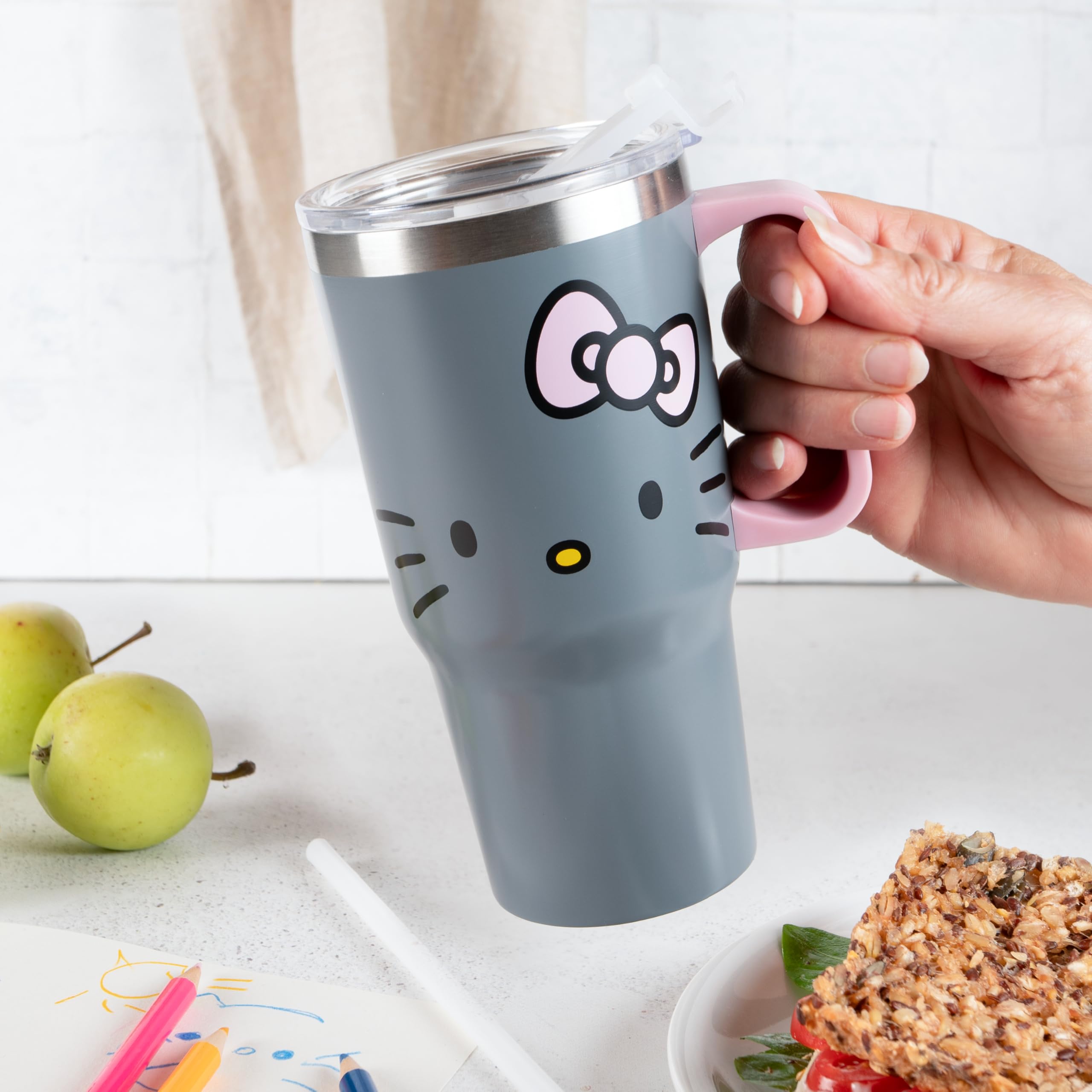 Hello Kitty - Vaso con tapa y pajita para niños, 540 ml, con asa, color gris, apto para bebidas frías