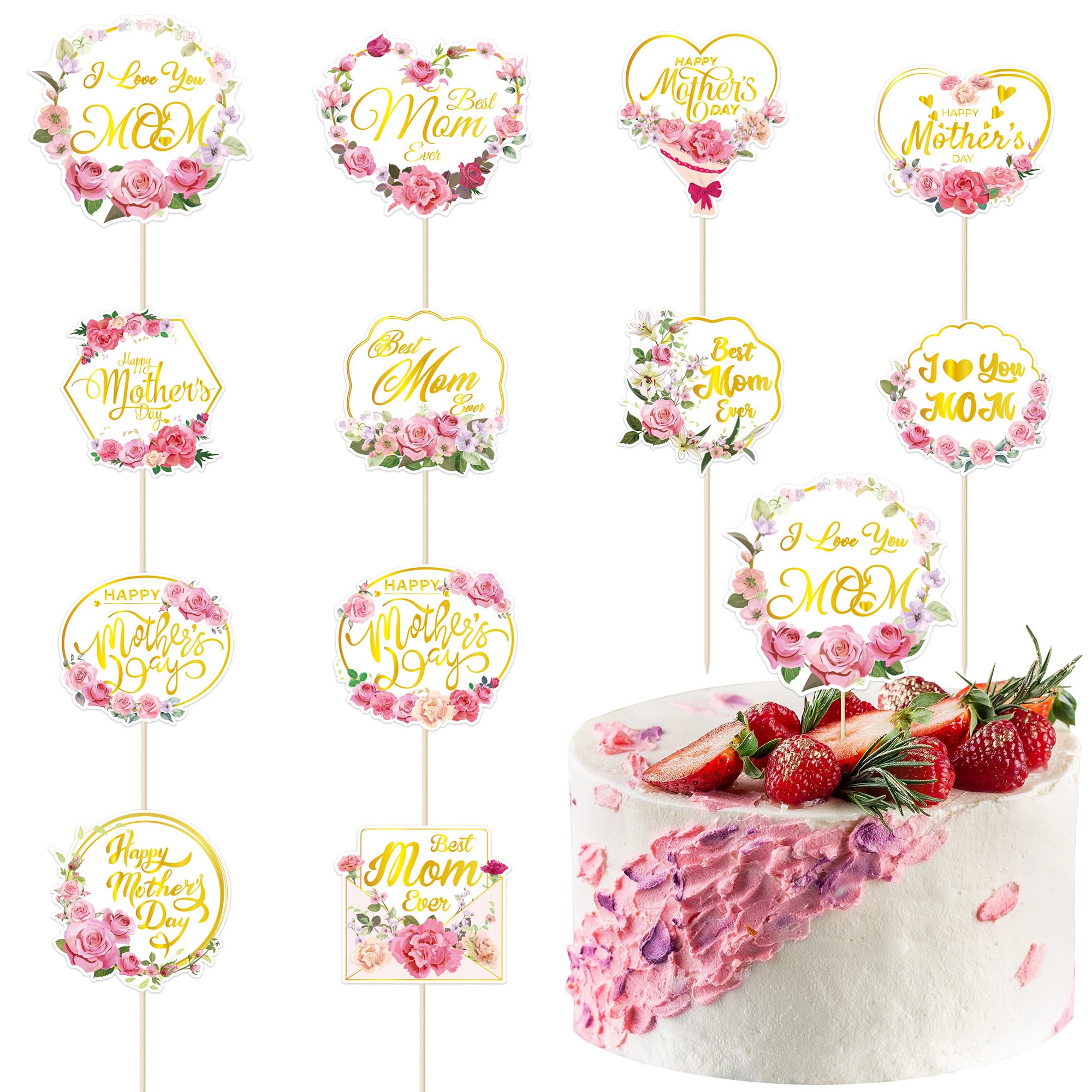 24 Stück Mother's Day Cupcake-Topper | Glitzer Herz, 'Love You Mom' Deko | Für Muttertagsparty & Kuchen