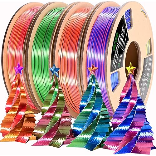 PLA Filament 1.75mm, Tri-Colors 3D Printer Filament, Rainbow PLA Filament Bundle, Coextrusion 3D Filament with Silk PLA Color Change, 3D Printing Filament +/-0.02mm, 200g X 4 Spool