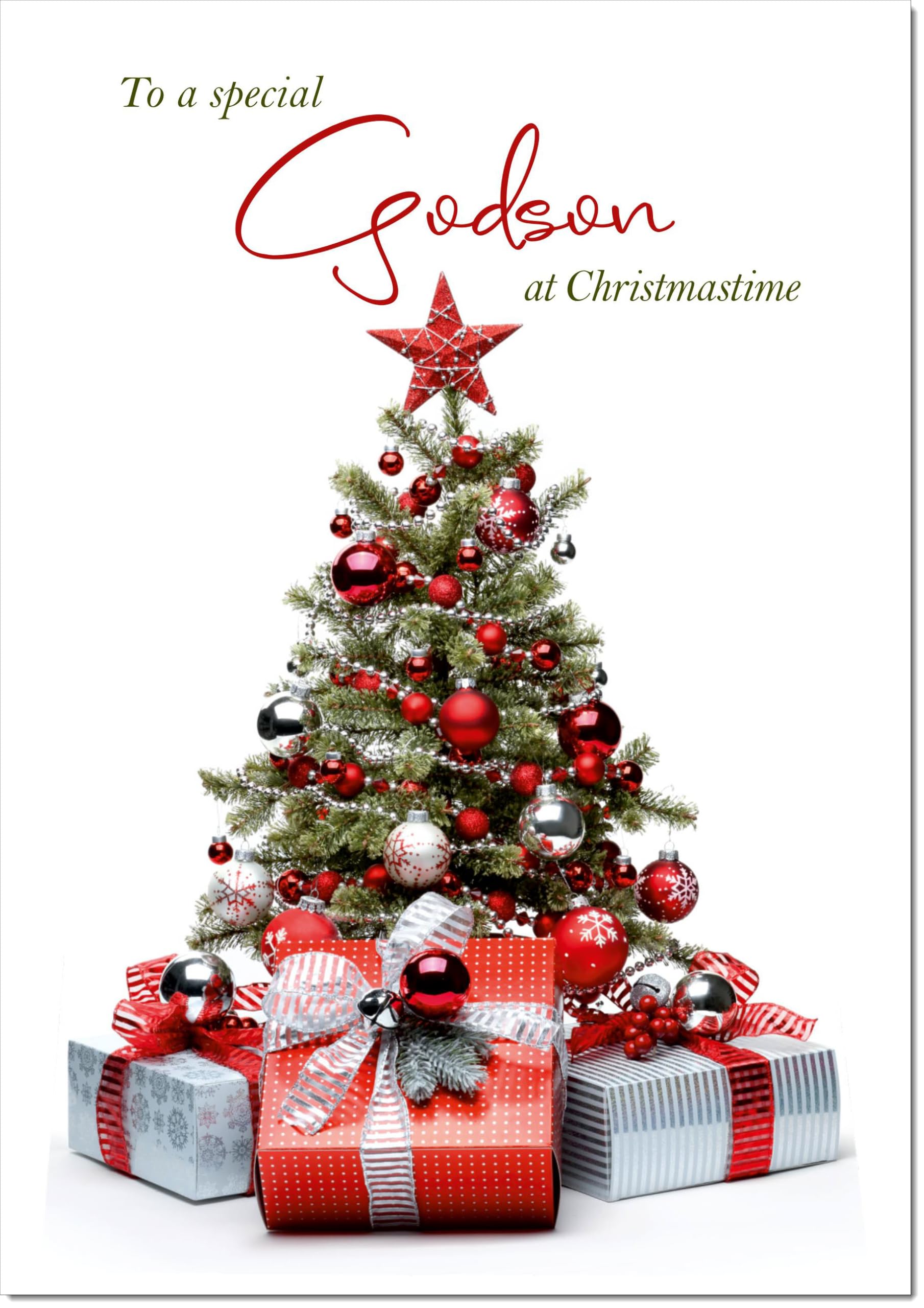 doodlecards Godson Christmas Card Christmas Tree and Parcels Large A4 Size Christmas Card for Godson with Plain Envelope — image 1