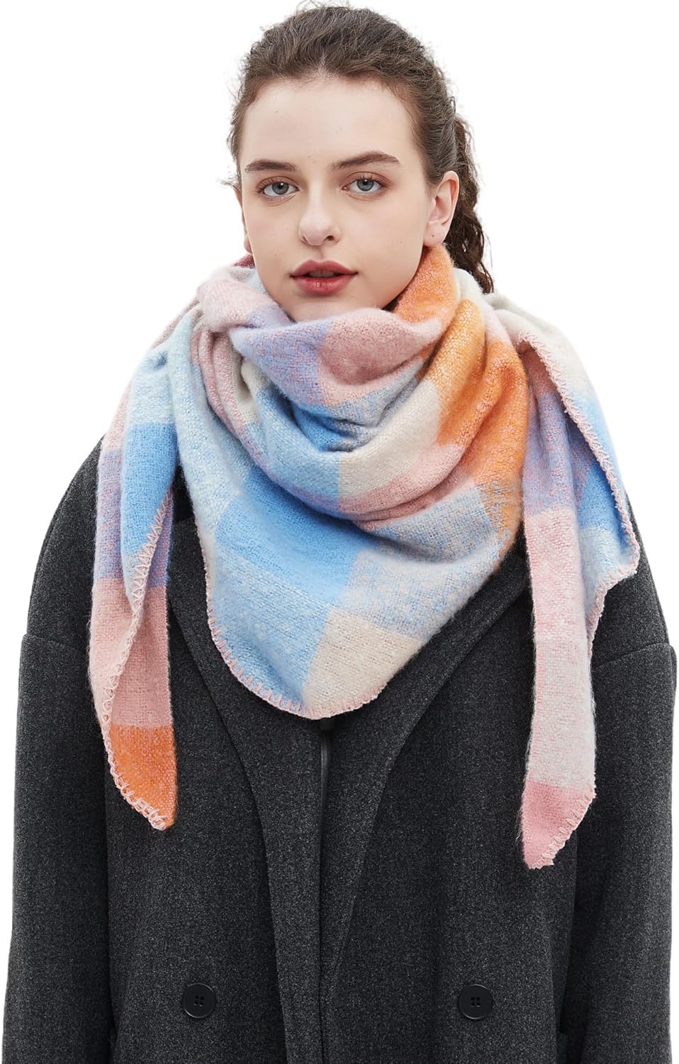 Wander Agio Women Fashion Shawl Warm Long Winter Wrap Scarves Cashmere Soft Feel Plaid Triangle Scarf Light Pink Blue 1