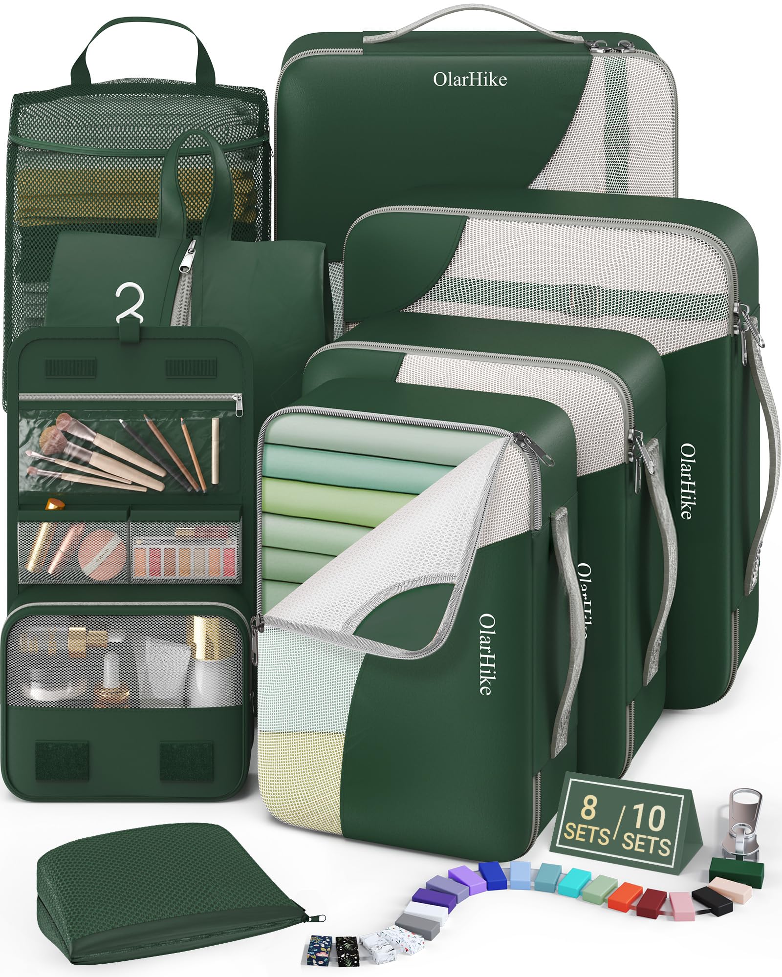 OlarHike Packing Cubes for Travel,Gifts for Women Mom,Anti-Tearing Suitcase Organizer for Luggage with Shoe &amp; Hanging Toiletry Bag,Vacation Essentials &amp; Accessories for Cruise Ship,8 Set,Dark Green