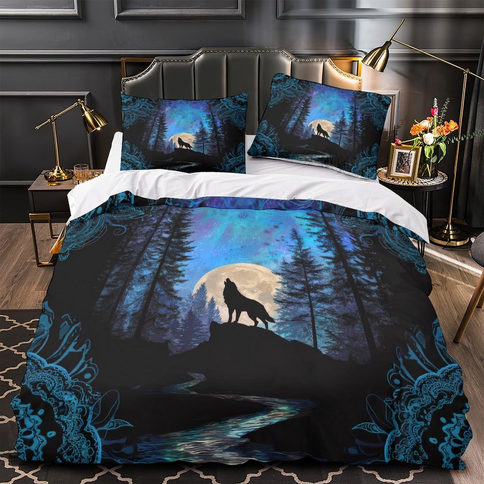 Parure de lit loup forêt nocturne pour une ambiance sauvage dans la chambre