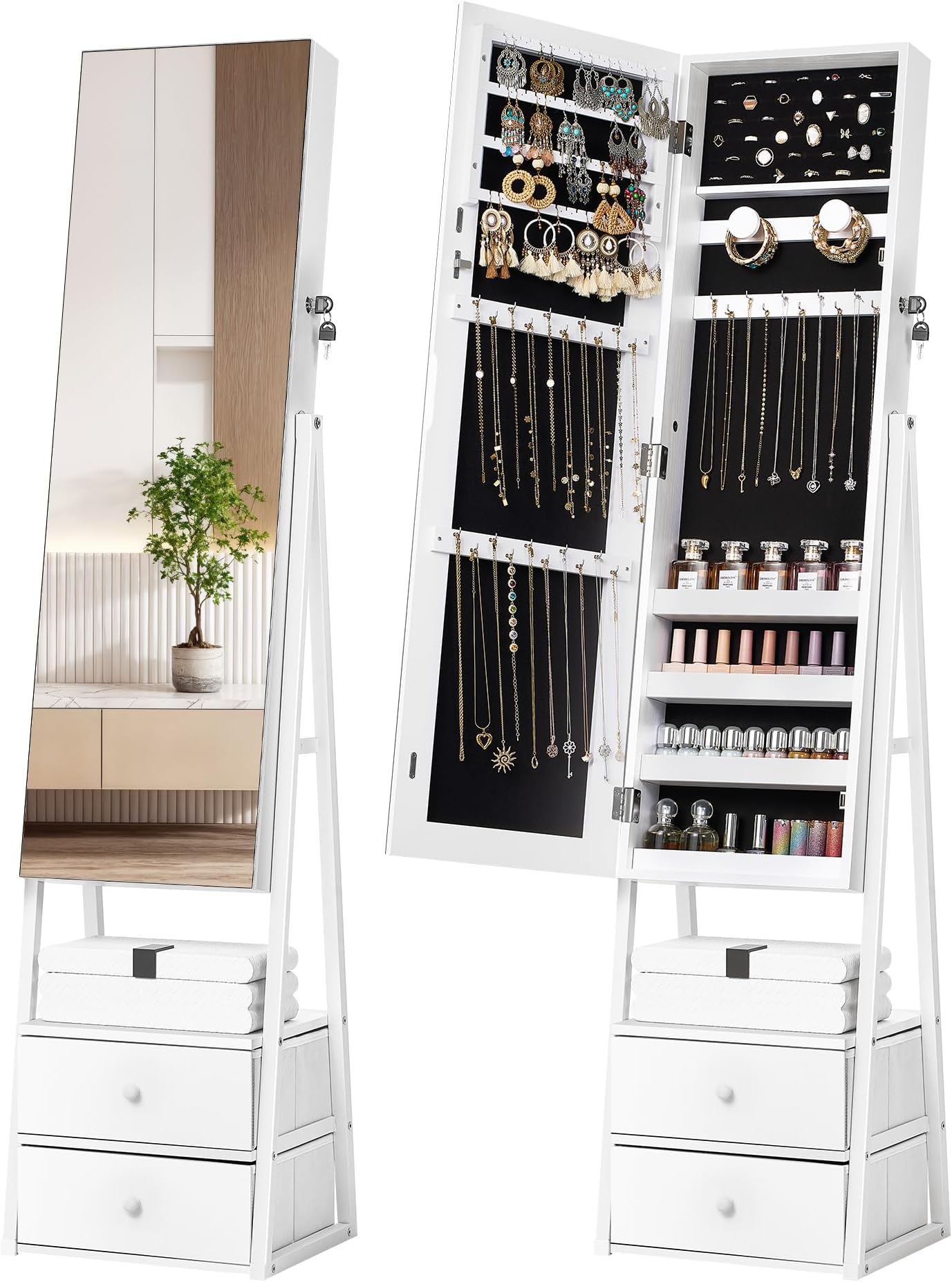 Nicetree Jewelry Cabinet Armoire, Lockable Standing Jewelry Mirror Cabinet, Full Length Mirror with Jewelry Storage, Large Storage Organizer with Superior Storage Capacity, 2 Storage Drawers, White