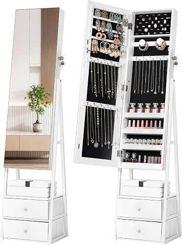 Nicetree Jewelry Cabinet Armoire with 2 Drawers, Lockable Standing Mirror