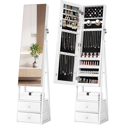 Nicetree Jewelry Cabinet Armoire with 2 Drawers, Lockable Standing Mirror Jewelry Cabinet, Full Length Mirror with Jewelry Storage, Gift Idea, Pure White