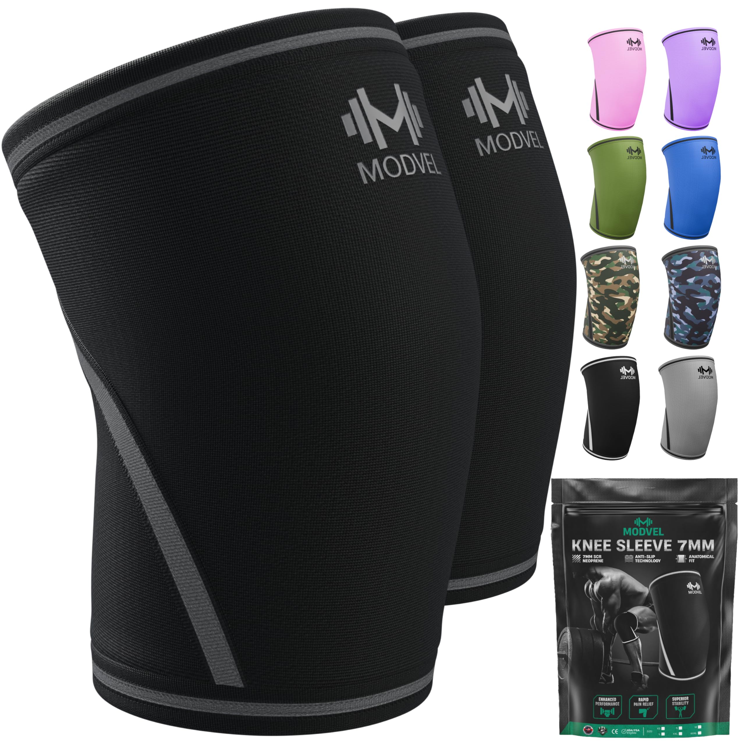 Modvel Strength 7mm Knee Sleeves (Pair) for Weightlifting & Powerlifting (USPA, IPL Approved) | High-Performance Knee Compression Support For Squats, Weight Lifting - Men and WomenOEKO-TEX STANDARD 100