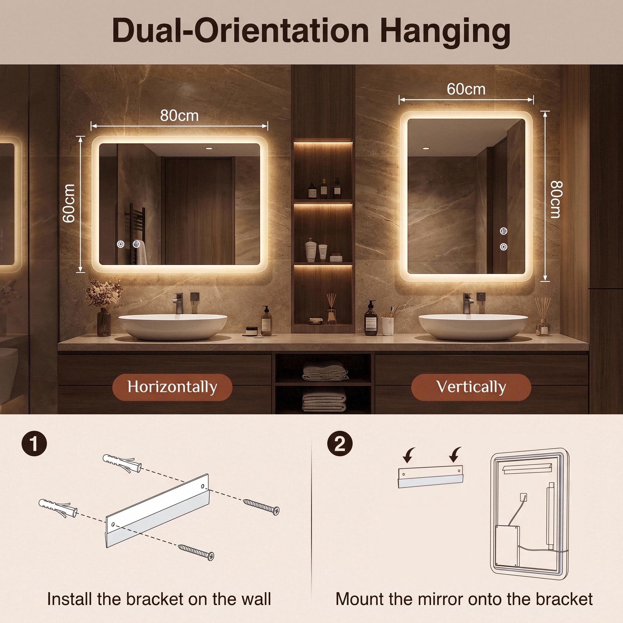 Clevich Specchio Bagno con Luce LED 80x60 cm Rettangolare Bordo Satinato