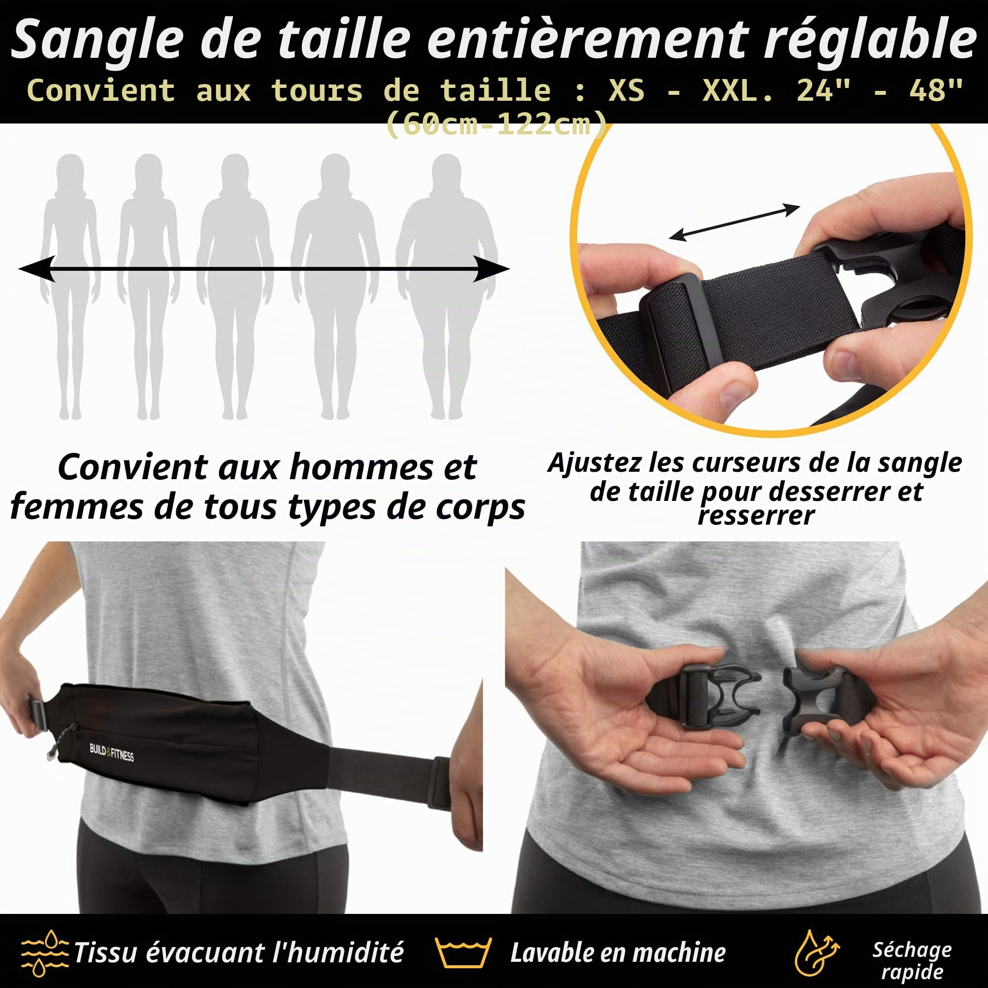 Build & Fitness Sac Banane – Taille Ajustable, Fermeture éclair YKK Pochette Smartphone – Convient à Tous Les Téléphones, Clés, Cartes, Airpods - Marche,Yoga, Ceinture Course A Pied Hommes et Femmes