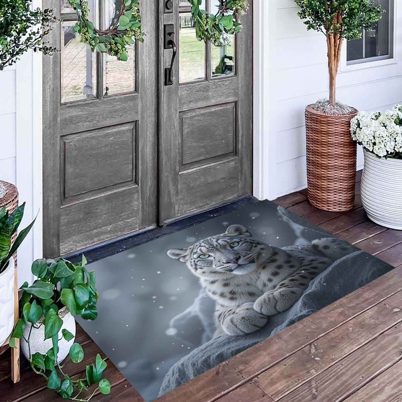 Tapete Blanco Grisáceo Leopardo De Las Nieves De Roca Puerta Felpudo De Entrada Exterior Atrapar Suciedad Alfombra Animales Realistas Para Interior Jardines Cocina Pasillo Trasera Delantera,90X150Cm