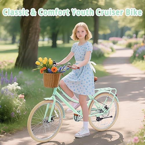 Miniatura 8 de Bicicleta para niños, bicicleta de crucero retro para niñas, 20, 24 pulgadas, 7 velocidades, bicicletas para niños de 6 a 14 años con cesta de