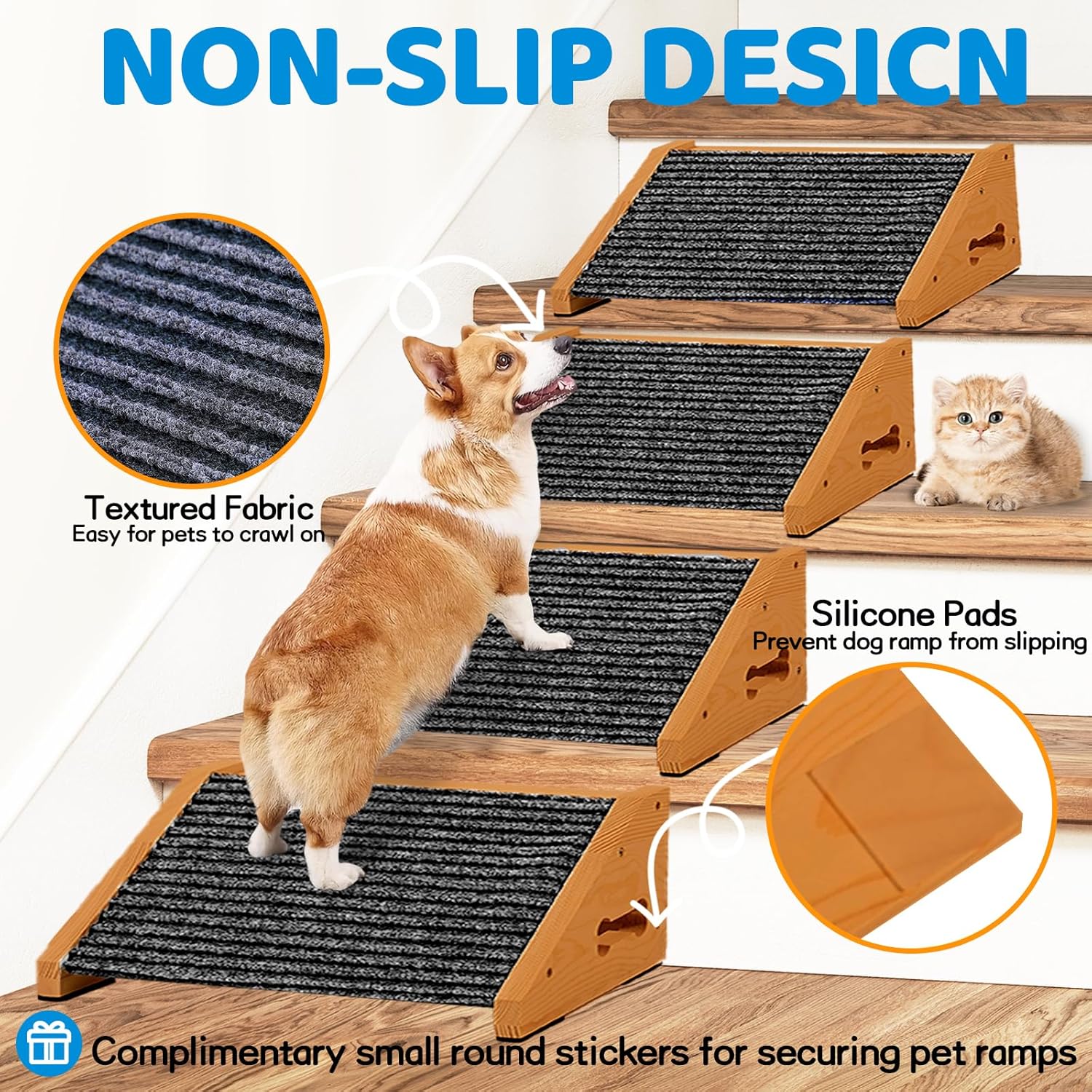 Extra Wide Dog Ramps for Stairs, Wooden Pet Ramp Stairs for Small Medium Dogs, Non-Slip Dog Pet Steps for Any Staircase, Stair Ramp for Injured Dogs with Anti-Slip Strip, 4 Pack