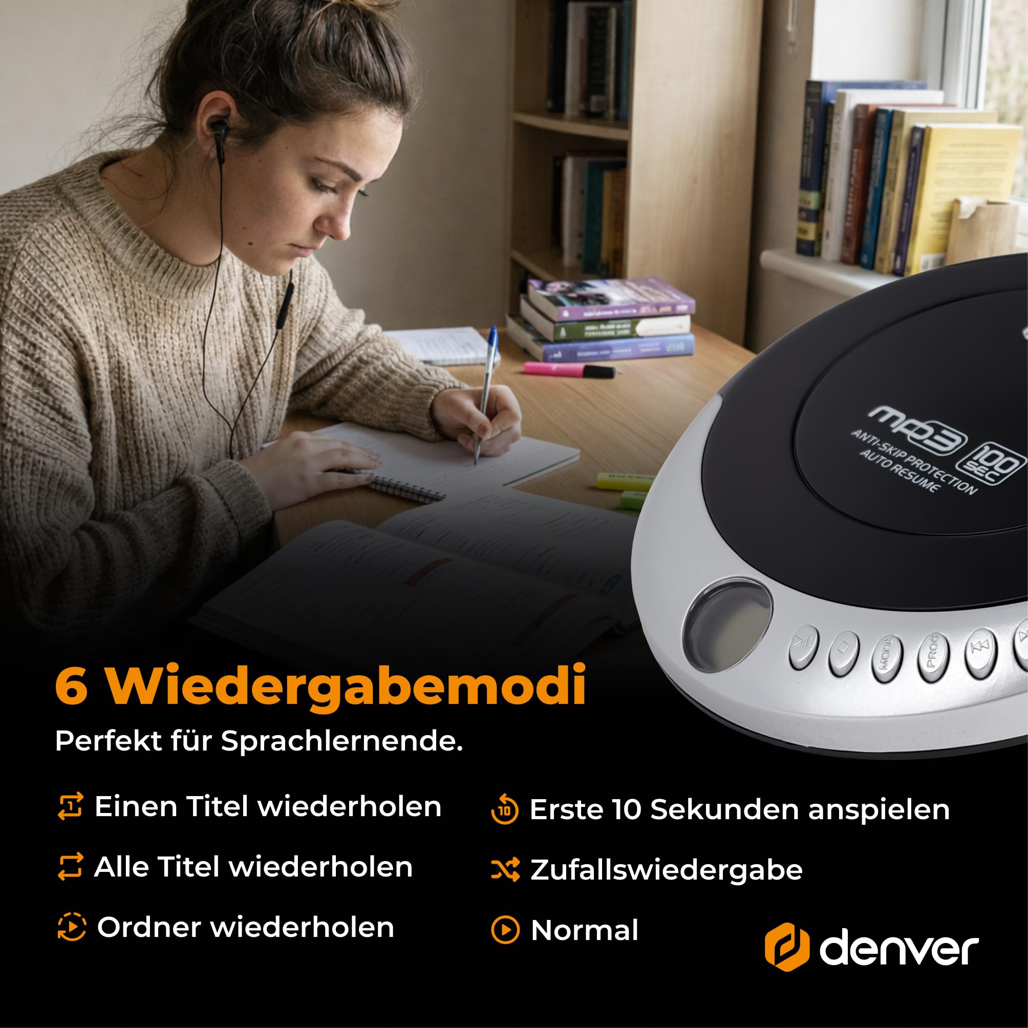 Denver Tragbarer CD-Player DMP-391 - Walkman - Anti-Schock-Funktion Mit Bassverstärkungssystem - mit Kopfhörer