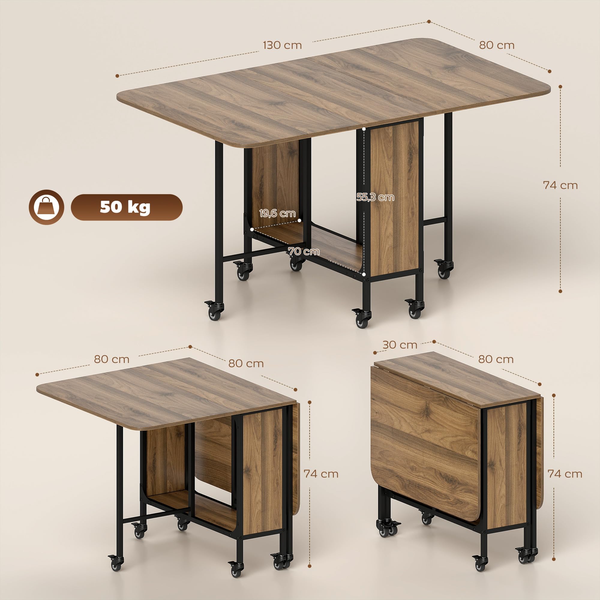 oiakus Opklapbare eettafel, moderne uitbreidbare keukentafel met 2 opbergrekken en wielen, ruimtebesparende Drop Leaf tafel voor keuken/woonkamer/thuiskantoor
