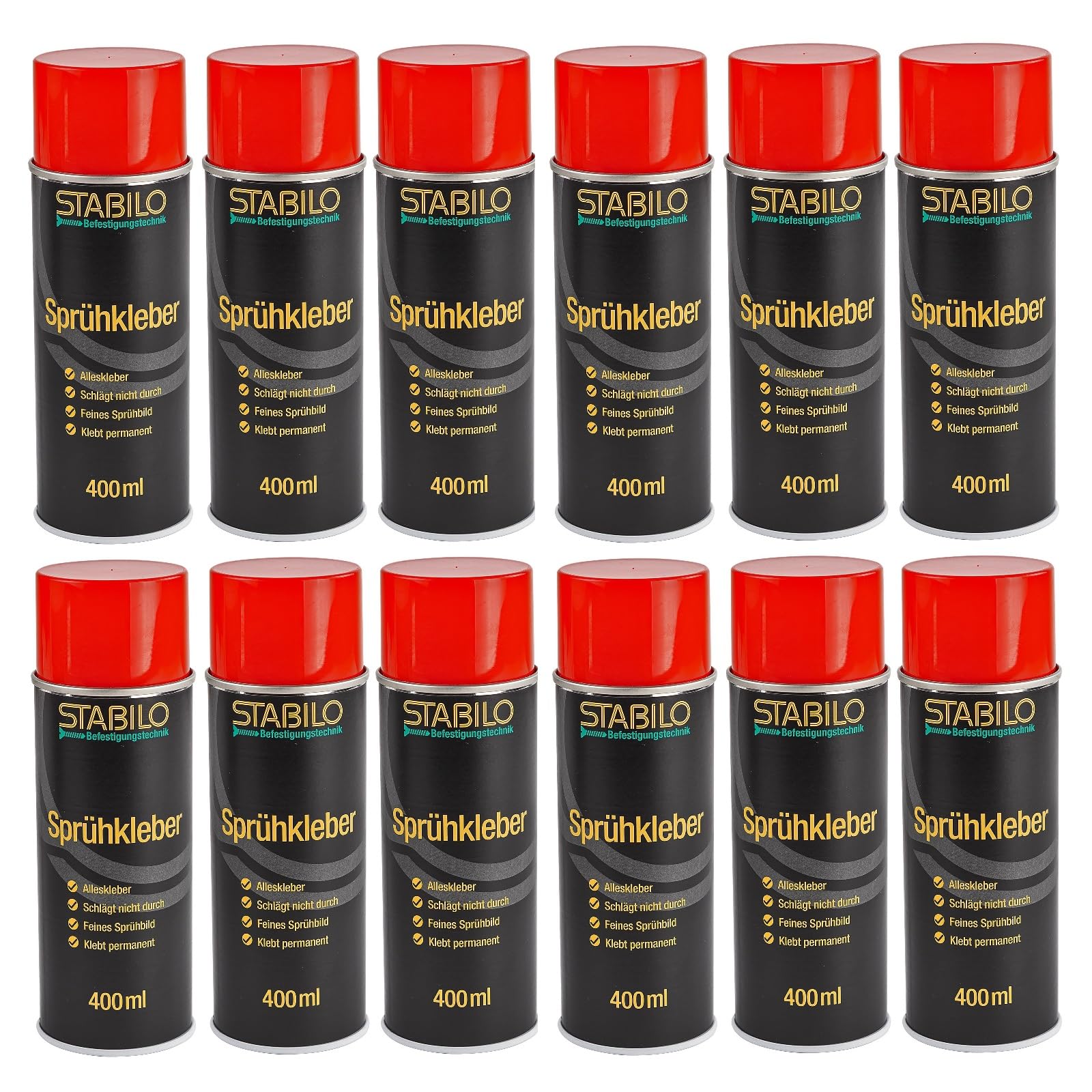 12x Sprühkleber 400ml | Alleskleber, Industriekleber, Klebespray, Kleber für Metall, Papier, Stoff, Leder, Filz, Styropor, viele Kunststoffe etc... | 12 Stück