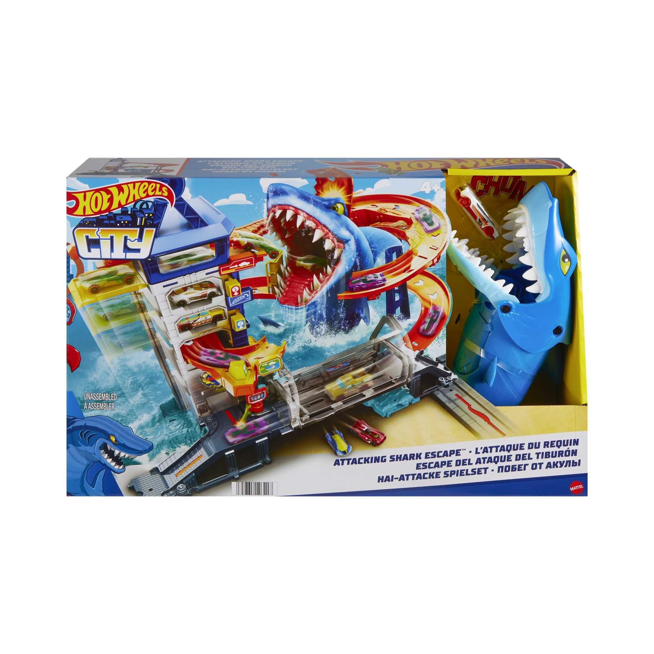 Hot Wheels City Huye del tiburón Conjunto de juego con 1 coche Hot Wheels, pista contra enemigos, se conecta con otros conjuntos, juguete para niños y niñas a partir de 4 años, HMF86