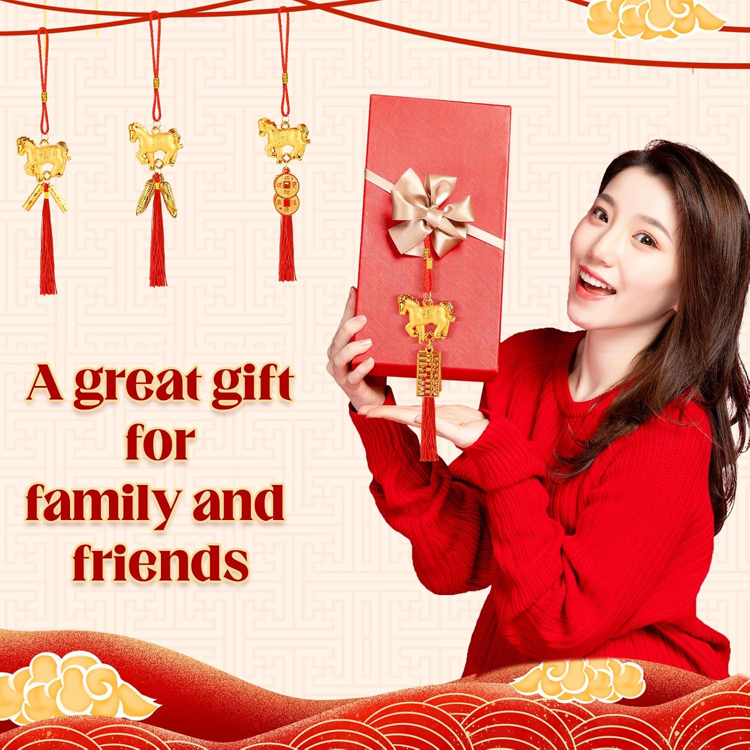 8 Pcs Chinese New Year Horse Decorations Lunar New Year 2026 Red Tassel Ornaments with Wealth Success Good Luck Hanging Decorations for Gifts Home Car Decor