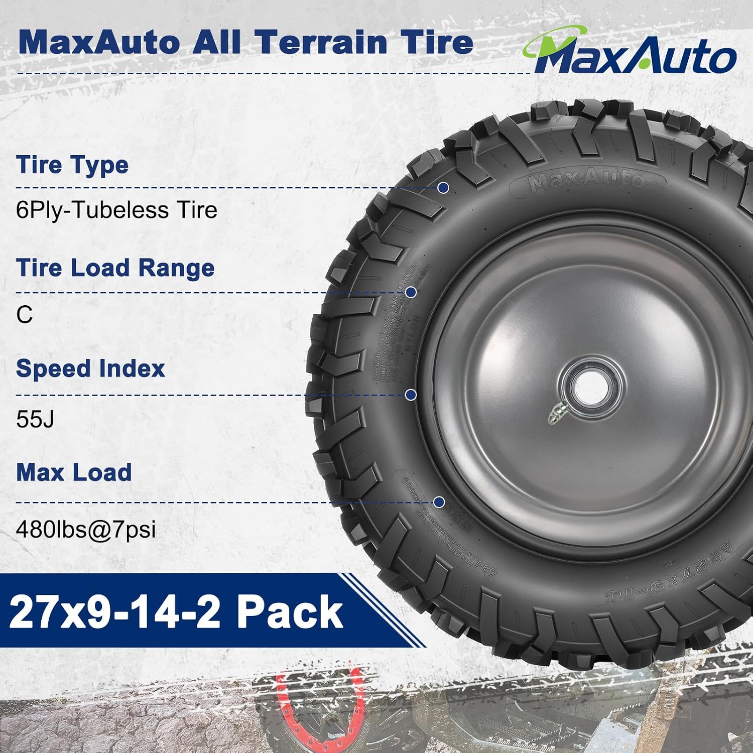 ‌MaxAuto 2-Pack 27x11-14 UTV Rear Tires - All-Terrain Mud & Sand Off-Road Performance, 6-Ply Tubeless Construction for Durability & Traction