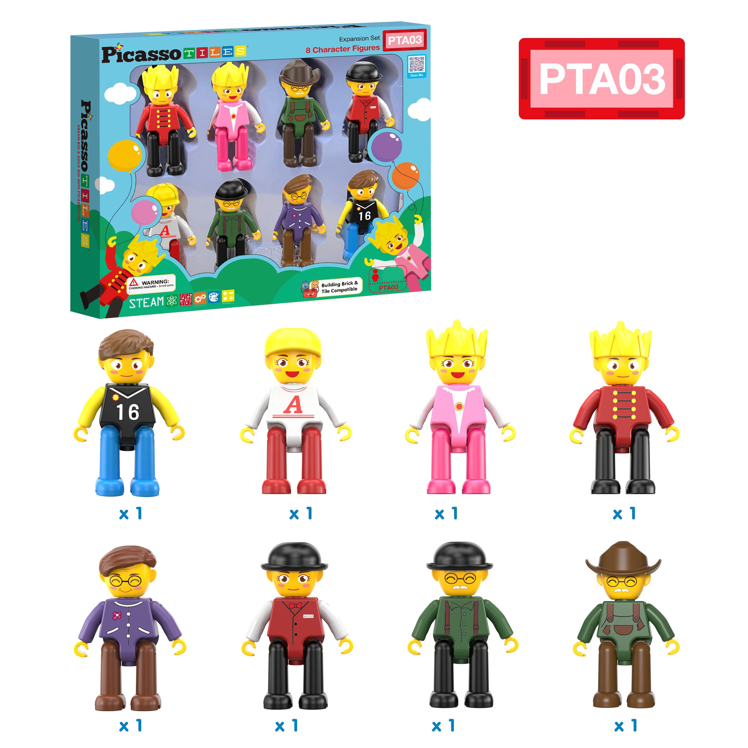 PicassoTiles Magnetic 8 Piece Character Action Figures Toddler Toy Set Magnet Expansion Variety Pack Educational Add-on STEM Learning Kit Pretend Playset for Construction Building Block Tiles PTA03