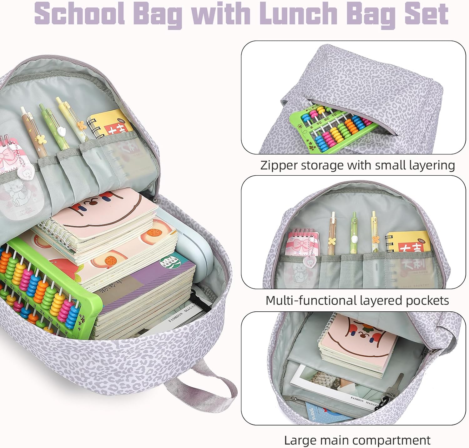 School Backpack for Girls, 3PCS Bookbags Set with Lunch Box Pencil Pouch Elementary Middle School Bag Laptop Back Packs (Purple Leopard)
