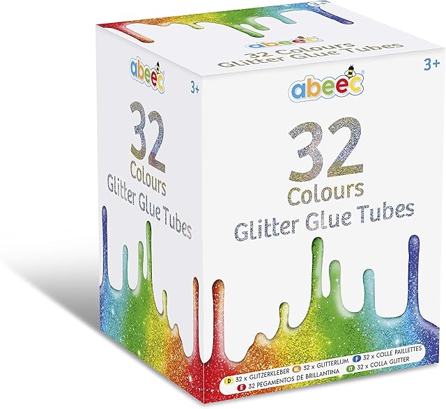 abeec Glitter Glue Pens 32 x Tubes of 10ml Coloured Glitter Pens 32 Glitter Glue for Kids for Craft Supplies Set Craft Glitter Glues - Card Making Supplies - Arts and Crafts for Kids