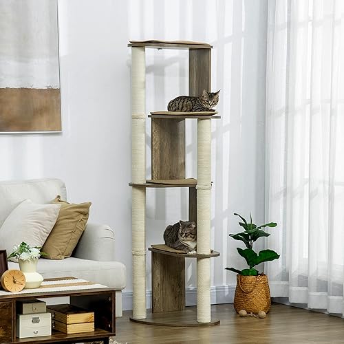 Miniatura 2 de PawHut Árbol moderno de esquina de 65 pulgadas para escalar, torre grande de varios niveles con postes rascadores, torre para gatitos de ajuste