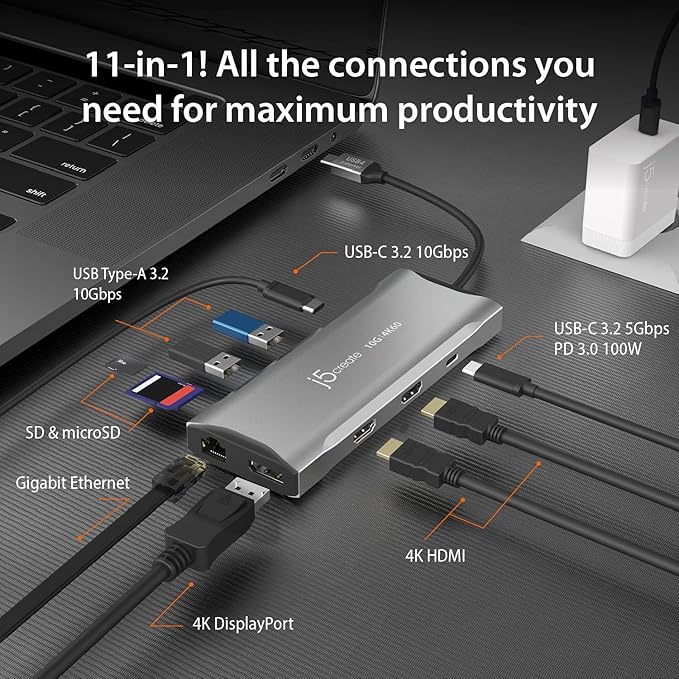 j5create USB C Hub 4K Triple Display - 2 HDMI, DP, USB-A/C, PD 100W, Ethernet, Lector SD miniatura 2