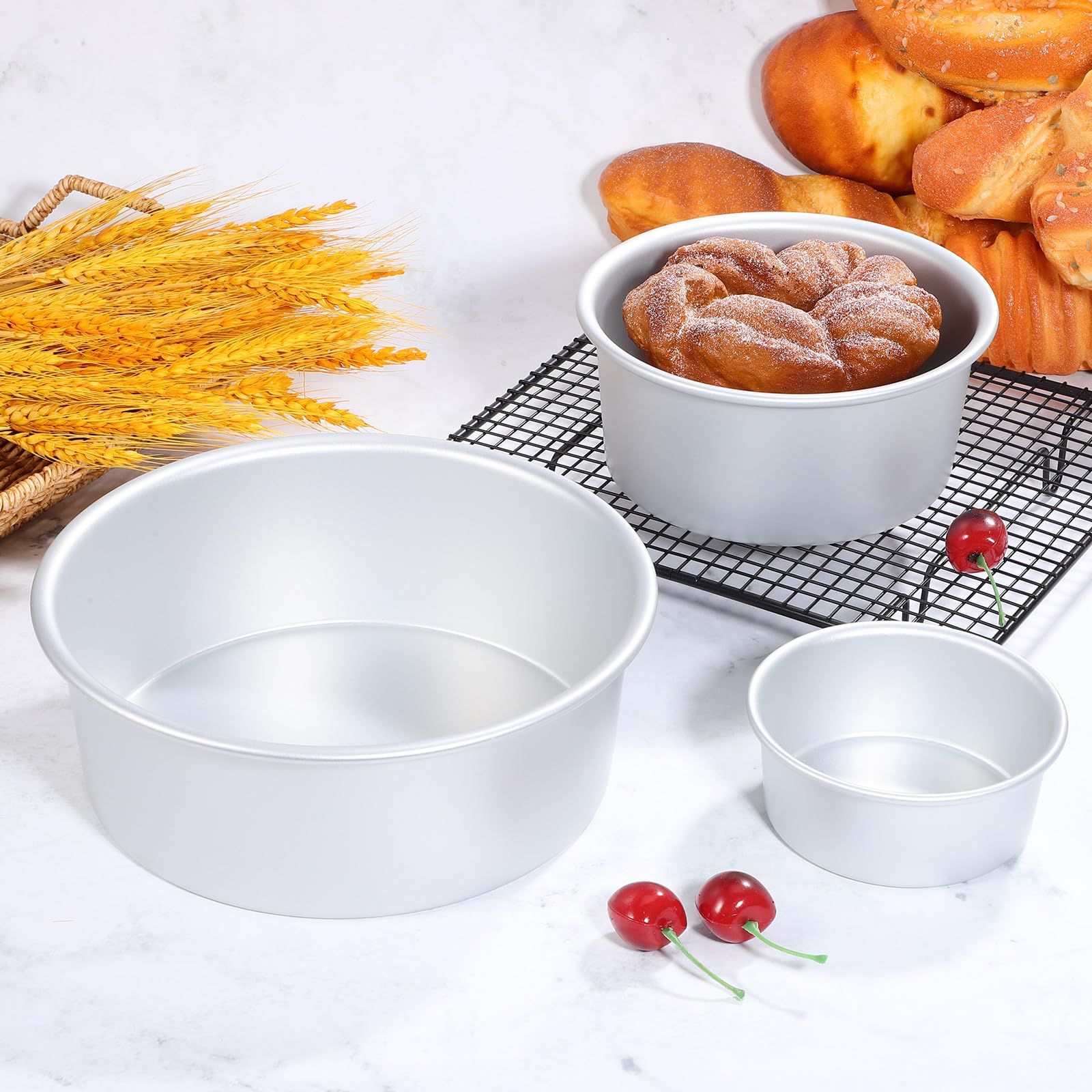 Housoutil Juego de 3 Moldes Redondos para Pasteles Base Fija Aluminio Alimentario Tamaños 10 CM 15 CM y 20 CM Antiadherentes para Hornear Utensilios de Repostería Hogar