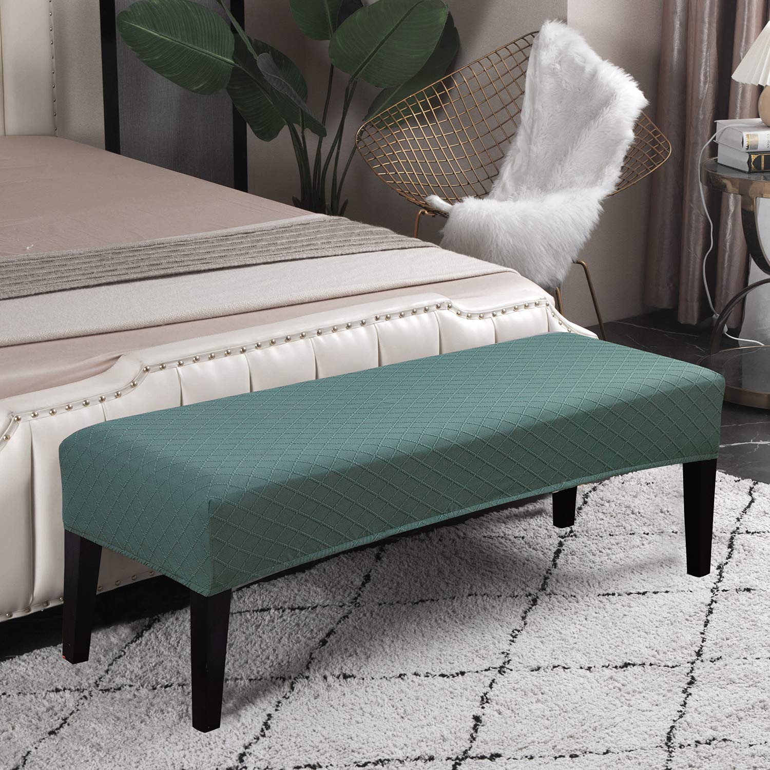 Bench Covers | Washable Bench Slipcovers Rectangle for Dining Room with Bottom Elastic | Stretch Furniture Protector Cover for Living Room, Kitchen, Bedroom, Piano (Plaid-Matcha Green)
