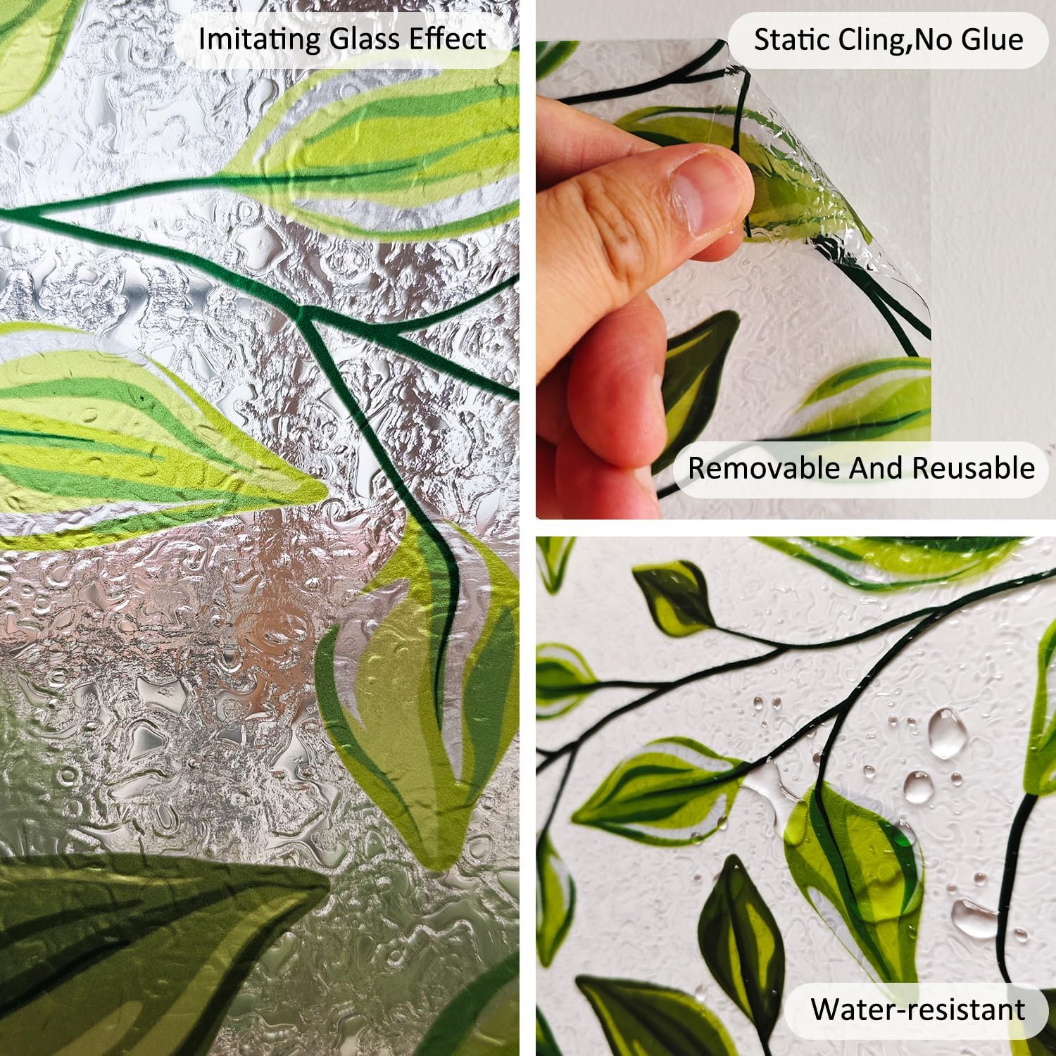 Stained Glass Window Privacy Film Decorative, Static Cling Stained Glass Sticker Opaque Heat Control UV Blocking Non Adhesive Window Film for Front Door,Home,22.8 x 78.7 inches Green Leaves