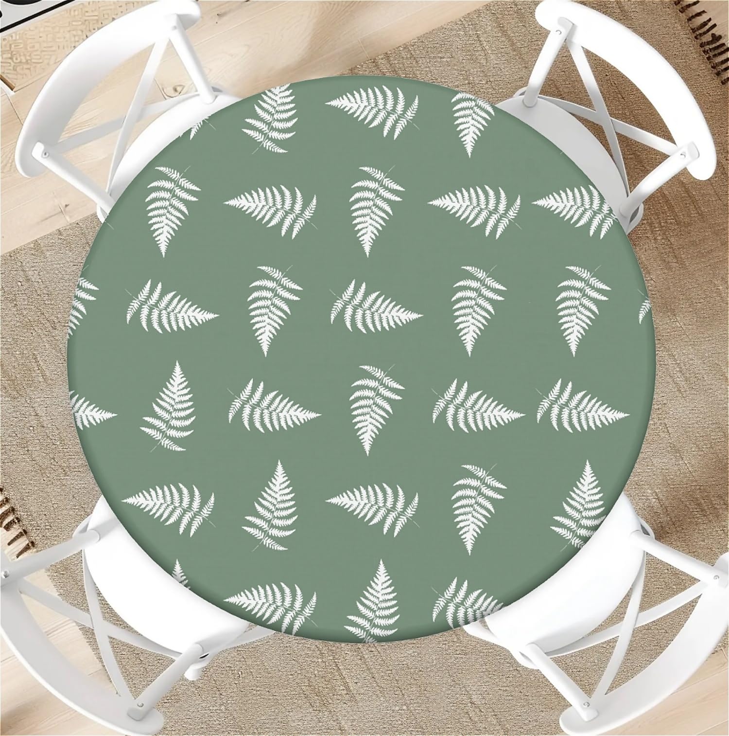 Outdoor Runde Tischdecke mit Gummizug Ø 36in(90cm)- Elastisch Garten tischdecke mitWeißes und grünes Gras Muster Passend für 75-85cm