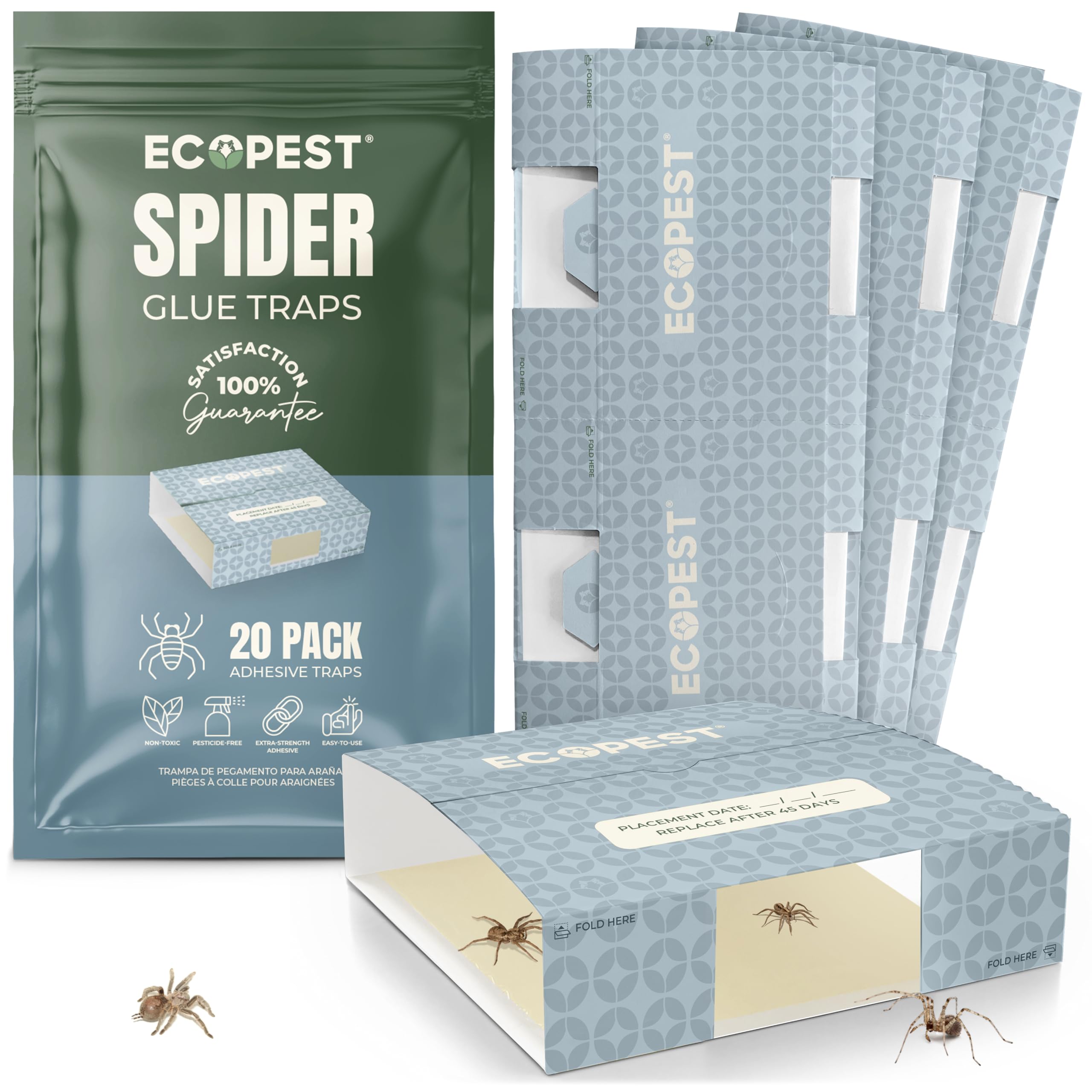 Spider Trap — 20 Pack | Sticky Indoor Glue Traps for Spiders and Other Bugs and Crawling Insects | Adhesive Spider Bait Trap, Monitor, Killer and Detector for Pest Control