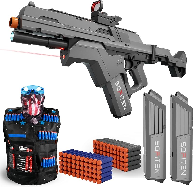 SOFITEN Toy Gun Automatic Sniper Rifle Tactical Vest Toy Foam Blaster with Flashlight Foldable Stock The Shooting Activity Game for Kids Age 8-12 Gifts for Birthday Xmas