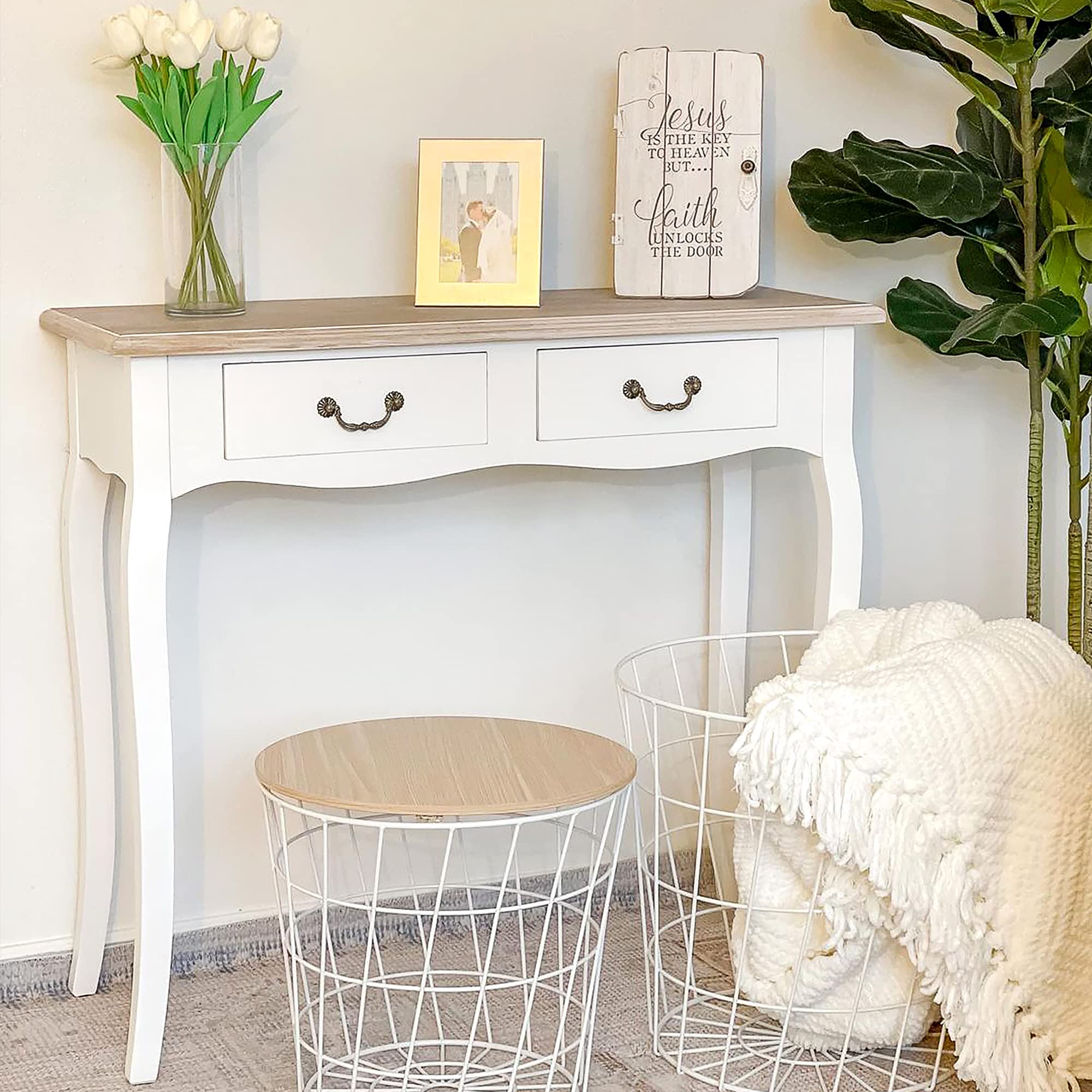 HOMCOM Mesa de Consola con 2 Cajones Diseño Retro 87x34x78,5 cm Blanco | Mesa Auxiliar, Entrada, Pasillo, Sala de Estar, Dormitorio, Pino