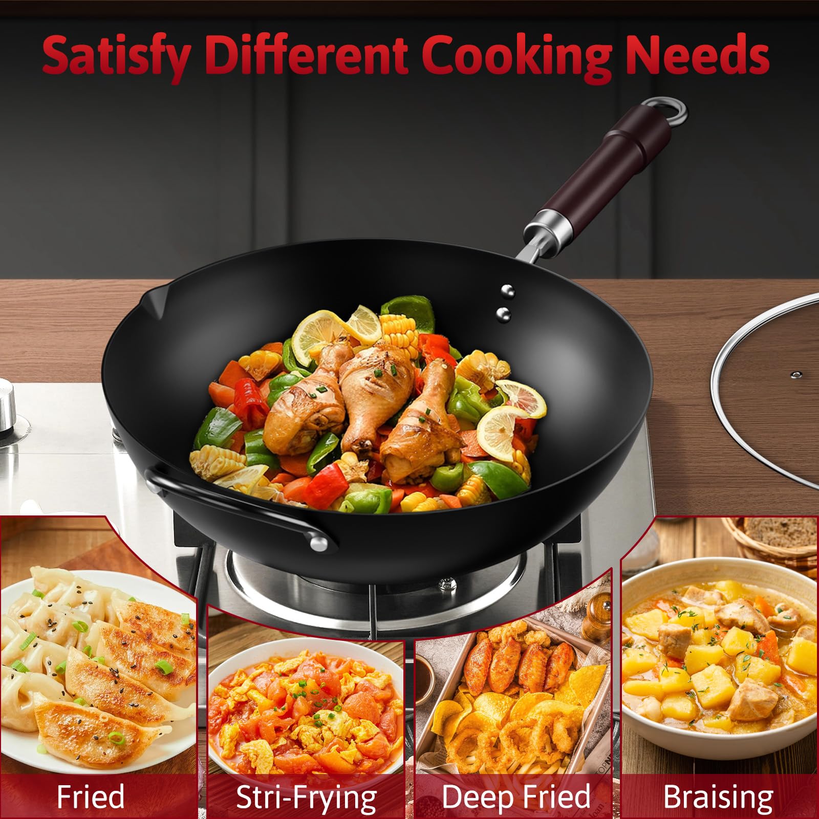 Jobin 32 cm/12,6'' Wok de Acero al Carbono con Tapa, Asas de Madera y Acero, Puede Cocinar Platos Asiáticos Para 3-5 Personas - Fondo Plano