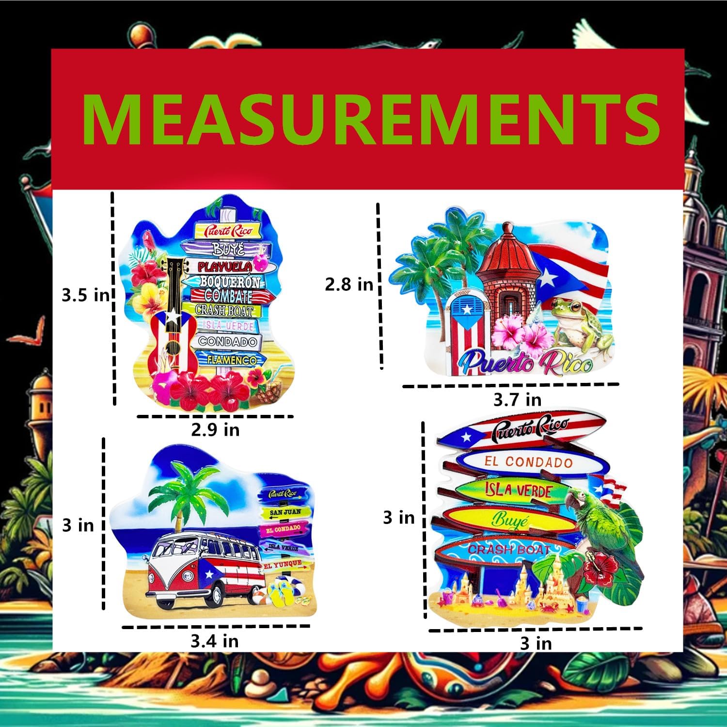 4 Pack Puerto Rico 3D Fridge Magnets, Resin Souvenir Set with Frog, Surfboard, Guitar, Mini Van & Castillo San Felipe del Morro, Puerto Rican Refrigerator Decorations, Travel Collectibles, Gift Set image 2