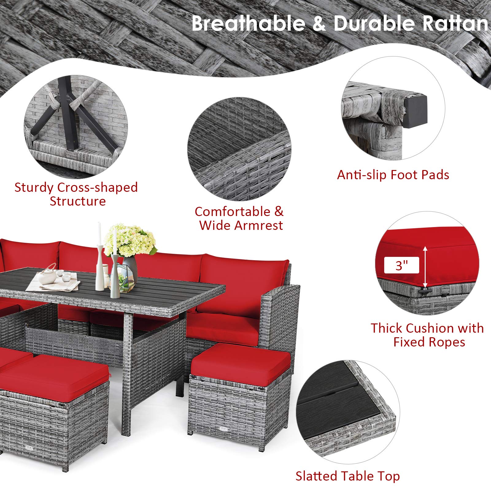 Juego de 7 muebles para patio, sofá seccional con cojines, juego de sofá conversación de mimbre para todo tipo de clima, mesa y otomanas para patio trasero, jardín, área de alberca. 8