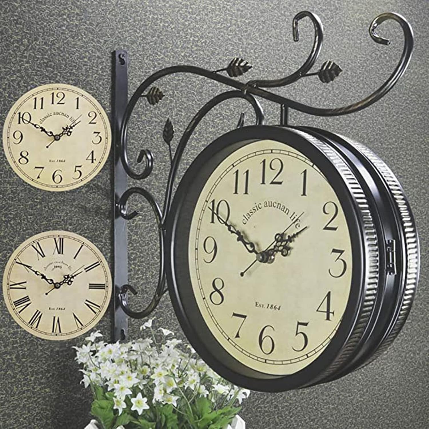 Double Sided Wall Clock Retro Grand Central Station Wall Clock 360 Degree Rotate Antique Design Premium Metal Materials with Waterproof Cover Hanging Décor for Outdoor Garden (B)