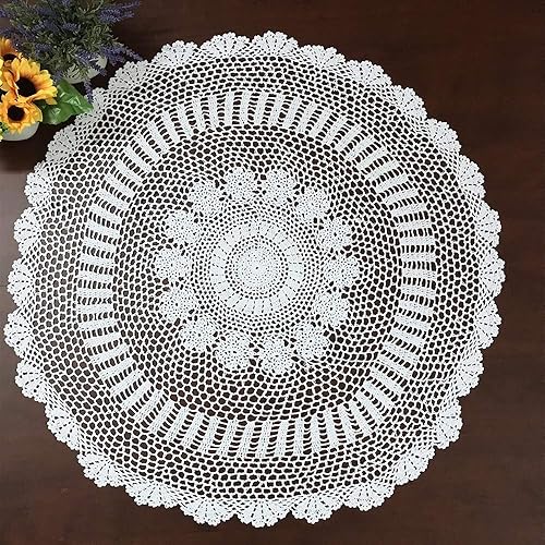 Miniatura 2 de Hetao Mantel redondo de ganchillo 100% algodón hecho a mano, manteles de encaje, color blanco, 35 pulgadas