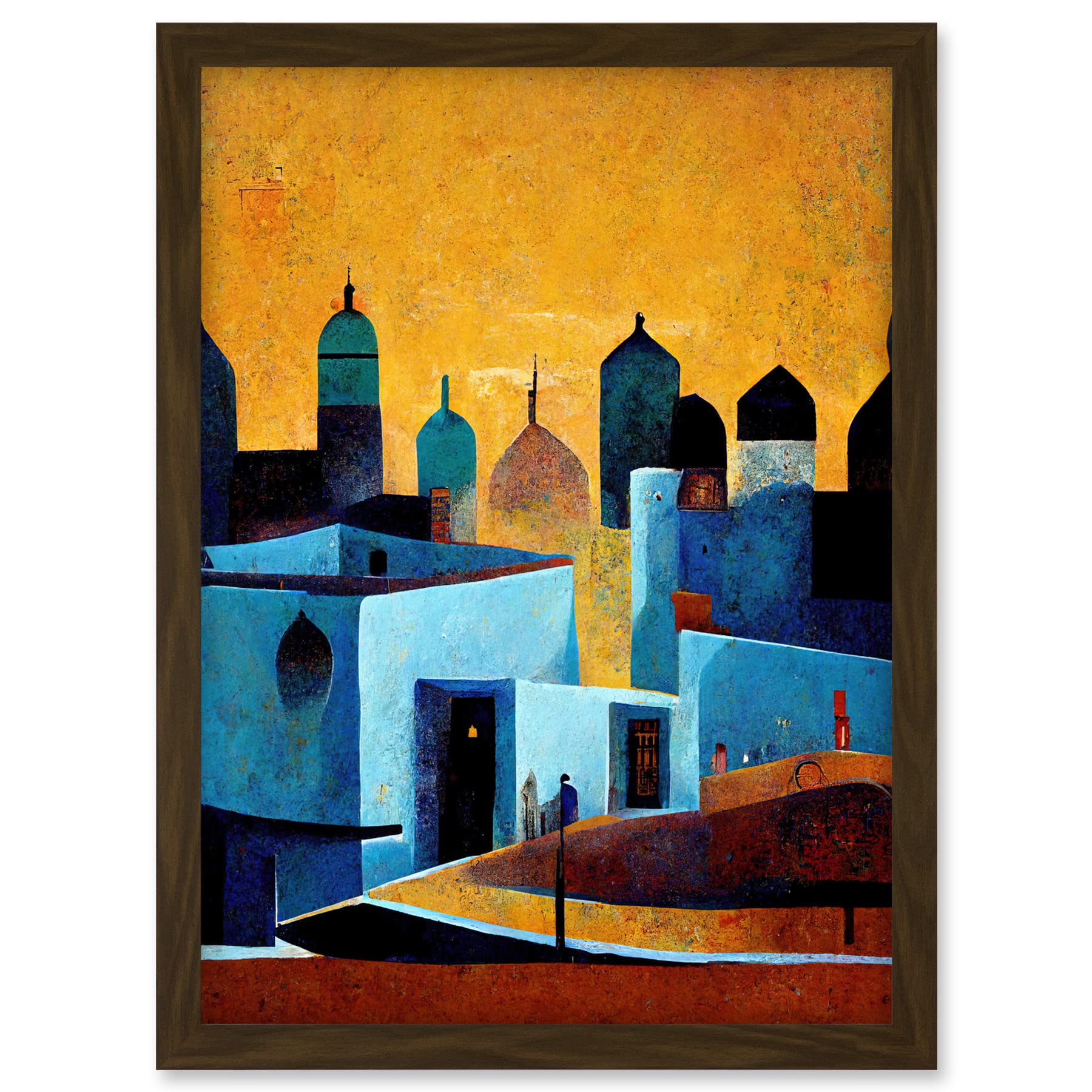 Doppelganger33 LTD Moroccan African Cityscape Modern Blue Yellow Artwork Framed A3 Wall Art Print