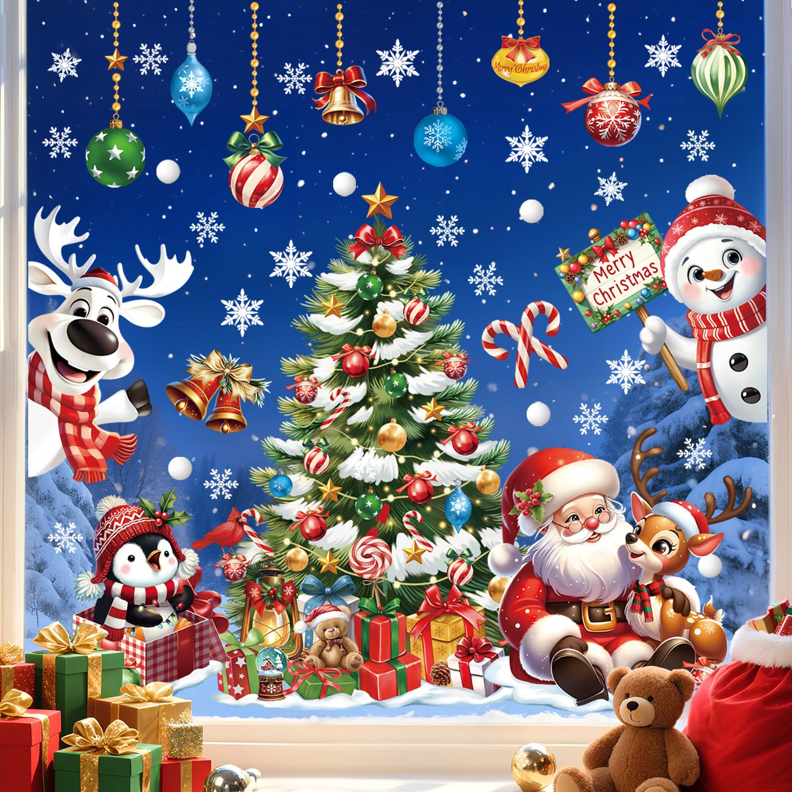 wondever 3D Christmas Tree Santa Claus Window Clings Reindeer Snowman Penguin Glass Sticker Decal Anti Collision Double-Side Static Window Decals for Christmas Party