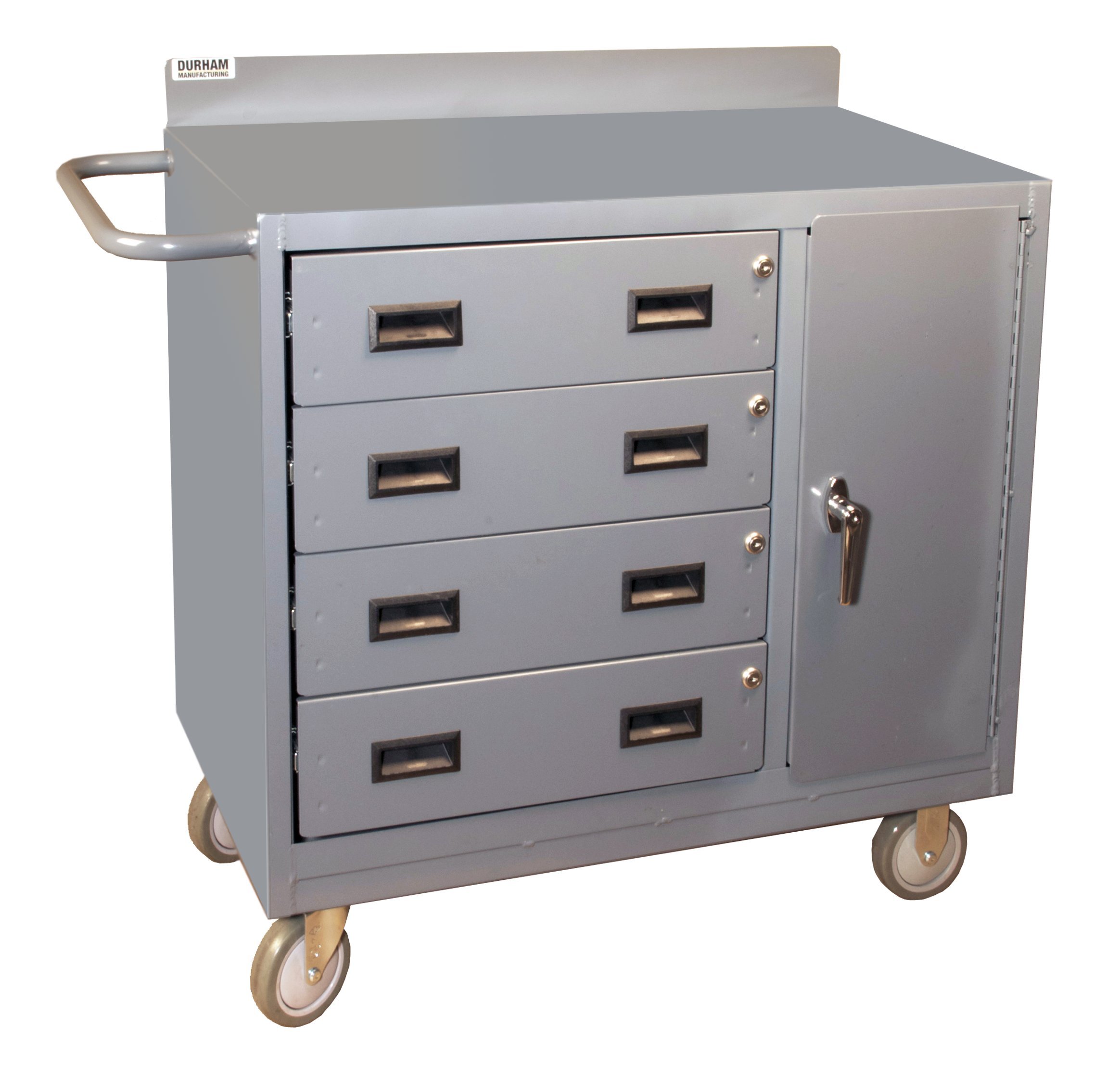 Durham 16 Gauge Welded Steel Mobile Bench Cabinet with 4 Drawers and Lockable Storage Compartment, 2211-95, 1 Shelf